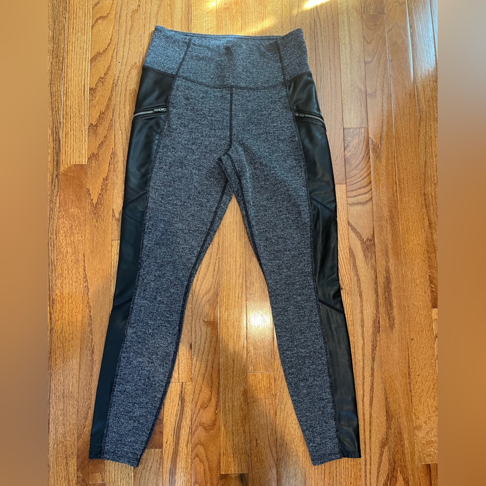 Athleta Herringbone Patterned Leggings with Faux Leather Trim